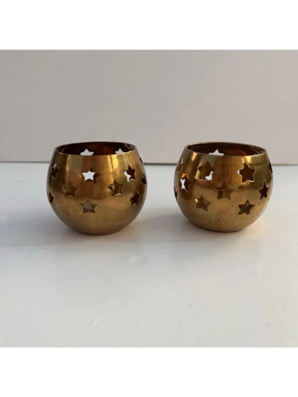 Vintage Set of 2 Brass Celestial Star Cutout Candleholders Goldtone Votive India